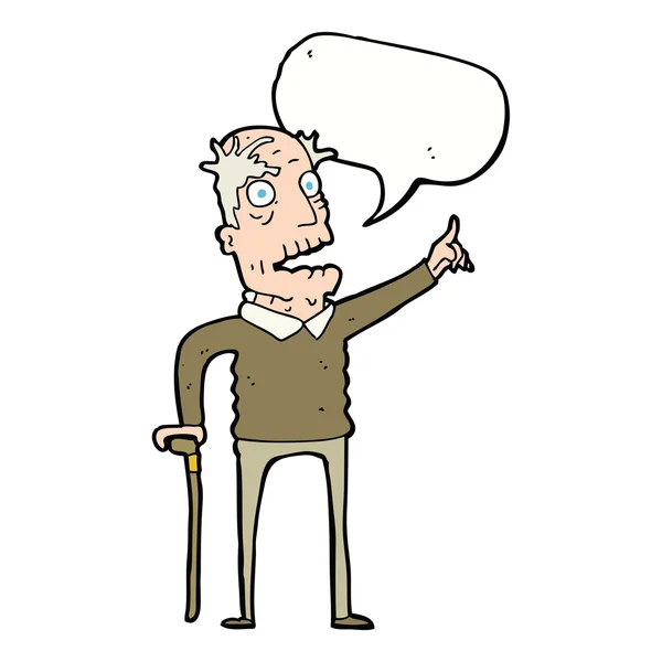 Cartoon oude man met wandelstok met spraakbel — Stockvector