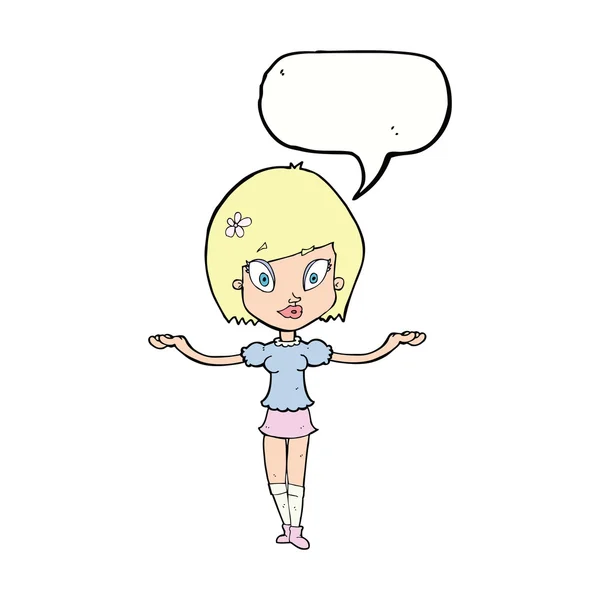 Cartoon mulher fazendo gesto de equilíbrio com bolha de fala — Vetor de Stock