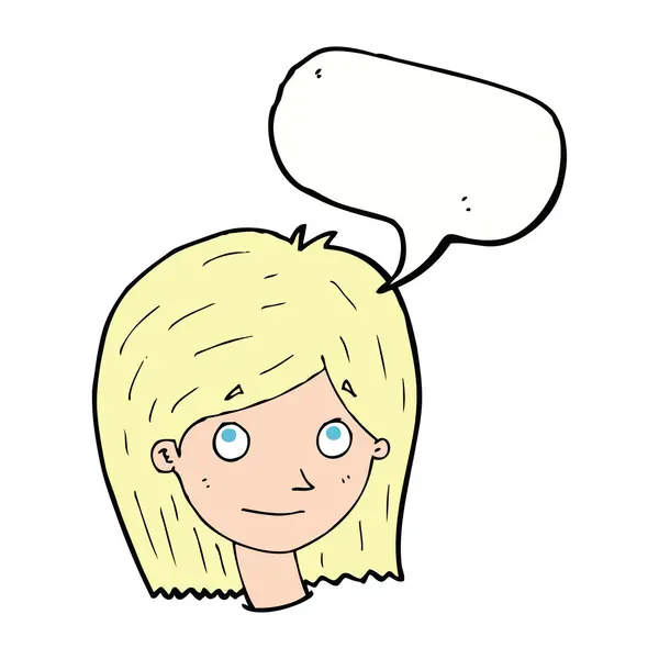 Desenho animado rosto feminino feliz com bolha de fala —  Vetores de Stock