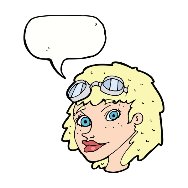 Γελοιογραφία ευτυχισμένη γυναίκα φοράει αεροπόρος γυαλιά με το συννεφάκι λόγου — Διανυσματικό Αρχείο