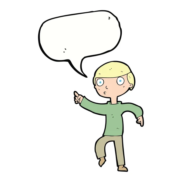 Cartoon boy pointing with speech bubble — Stock Vector