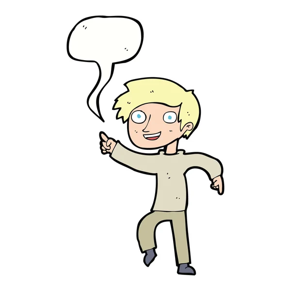 Cartoon happy boy pointing with speech bubble — Stock Vector