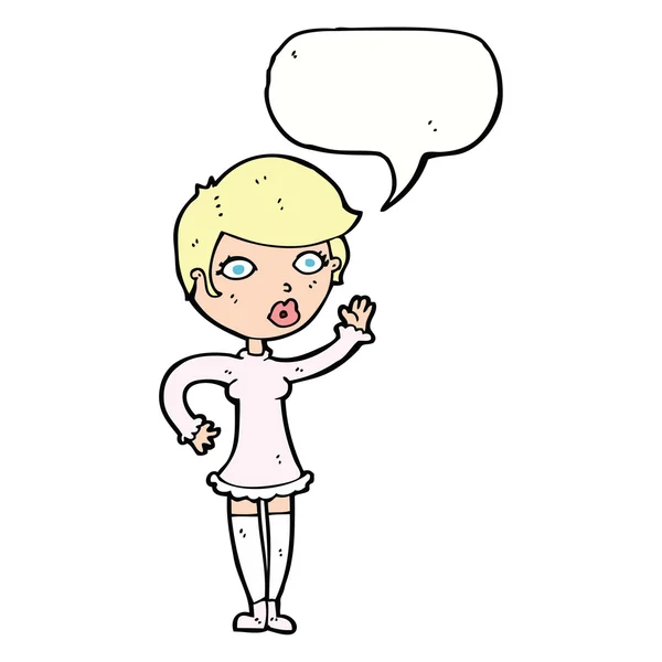 Dibujos animados mujer bonita ondeando con la burbuja del habla — Vector de stock