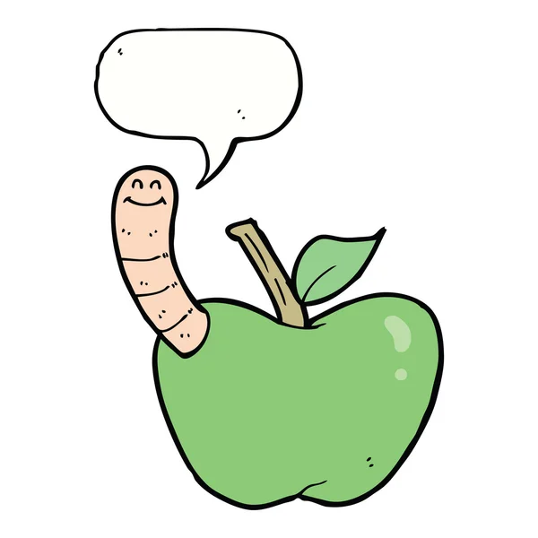 Pomme de dessin animé avec ver avec bulle de parole — Image vectorielle