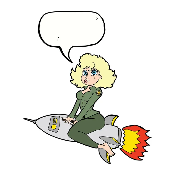 Cartoon army pin up girl riding missile with speech bubble — Stock Vector