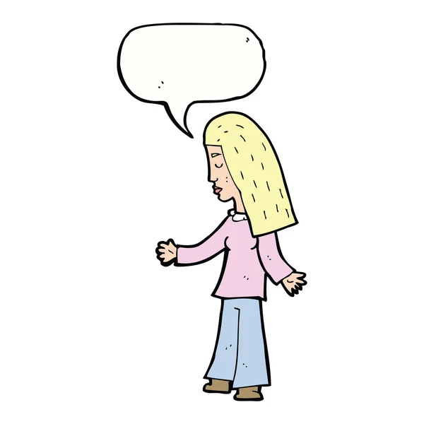 Fumetto donna a braccia aperte con bolla discorso — Vettoriale Stock
