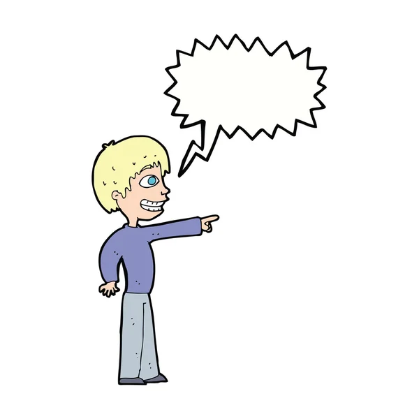 Cartoon grijnzende jongen wijzend met spraakbel — Stockvector