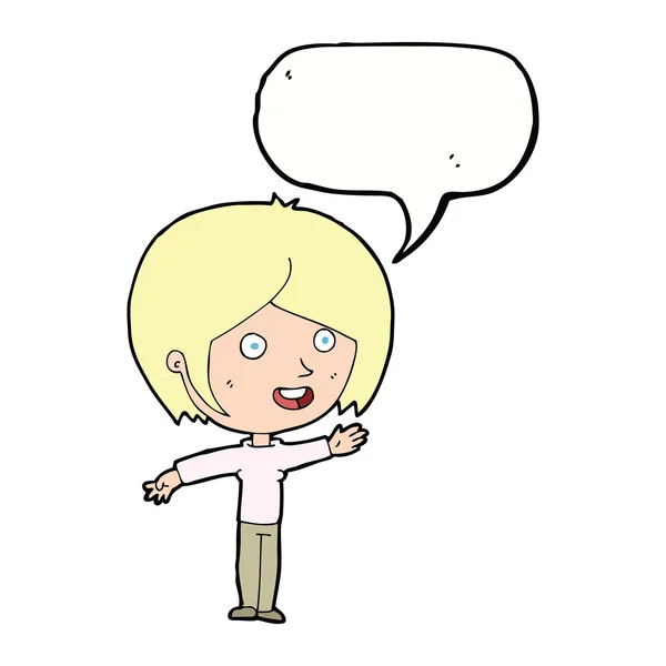 Desenho animado menina feliz acenando com bolha de fala —  Vetores de Stock