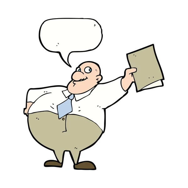 Cartoon glücklicher Chef mit Akte mit Sprechblase — Stockvektor