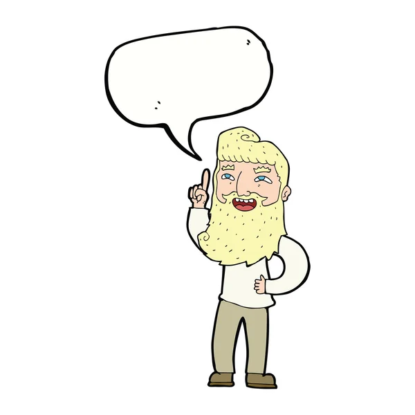 Dibujos animados hombre barbudo feliz con idea con burbuja de habla — Vector de stock