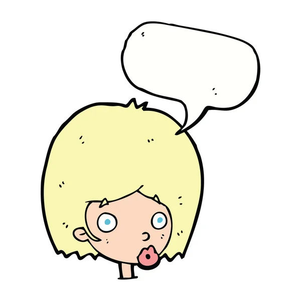 Kreslený překvapený ženský obličej s bublinou řeči — Stockový vektor