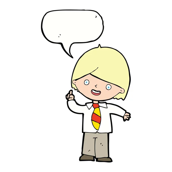 Kreskówki szkoły chłopiec odpowiadając na pytanie z bańki mowy — Wektor stockowy
