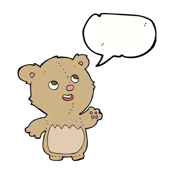 Karikatur glücklicher kleiner Teddybär mit Sprechblase — Stockvektor