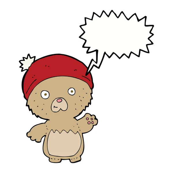 Dibujos animados lindo osito de peluche en sombrero con burbuja de habla — Vector de stock