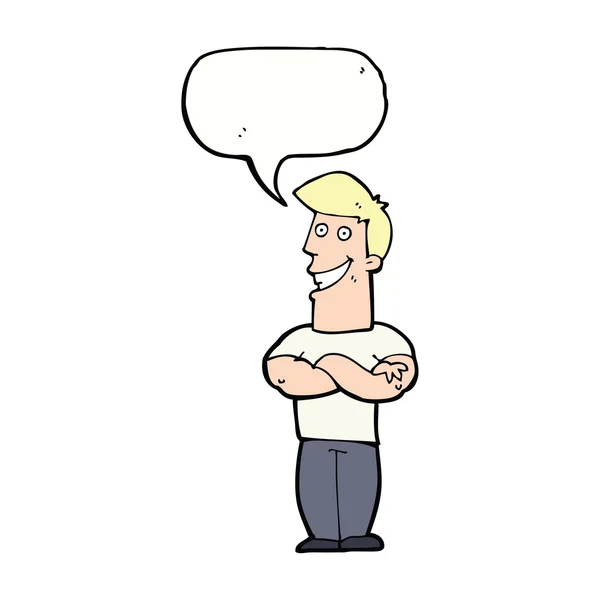 Cartoon grijnzende man met spraakbel — Stockvector