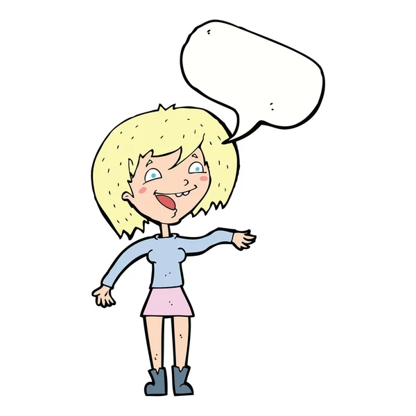 Cartoon waving woman with speech bubble — Stock Vector