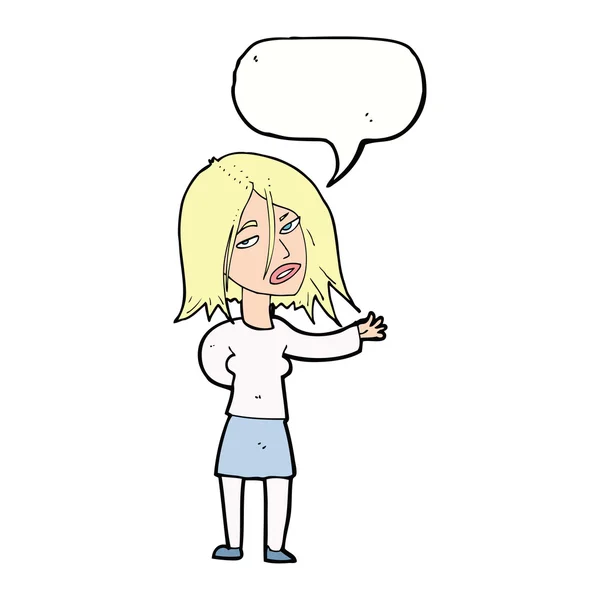Dibujos animados mujer infeliz con burbuja del habla — Vector de stock