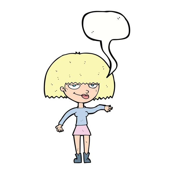 Mujer engreída de dibujos animados haciendo gesto desdeñoso con burbuja del habla — Vector de stock