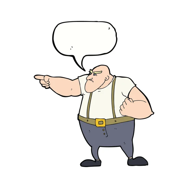 Karikatur wütender harter Kerl zeigt mit Sprechblase — Stockvektor