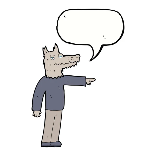 Hombre lobo de dibujos animados señalando con la burbuja del habla — Vector de stock