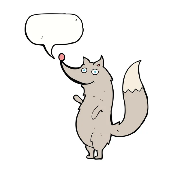 Loup agitant dessin animé avec bulle de parole — Image vectorielle