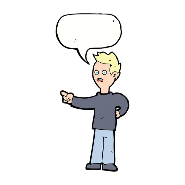 Cartoon geschokt jongen wijzen met spraakzeepbel — Stockvector
