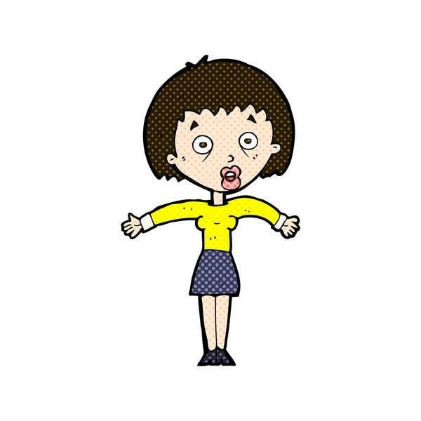 Comic cartoon woman shrugging shoulders — Stock Vector