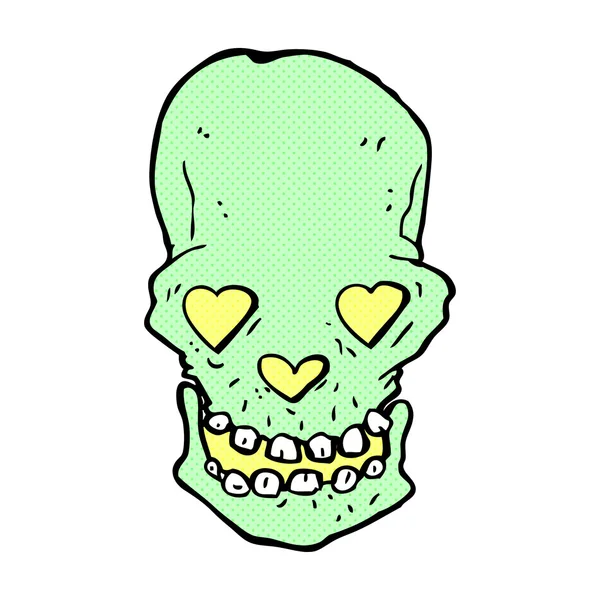 Bande dessinée crâne avec amour coeur yeux — Image vectorielle