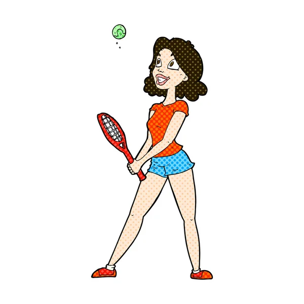 Comic-Cartoon Frau spielt Tennis — Stockvektor