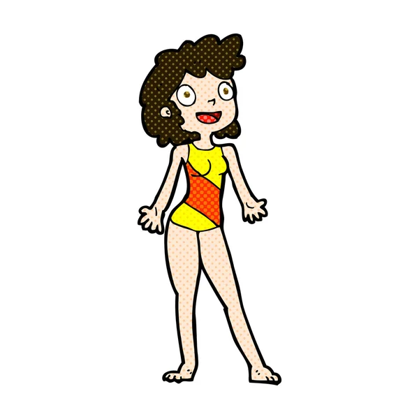 Comic cartoon woman in swimming costume — Stock Vector