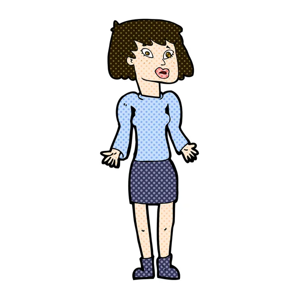 Omuzlarında shrugging komik karikatür kadın — Stok Vektör