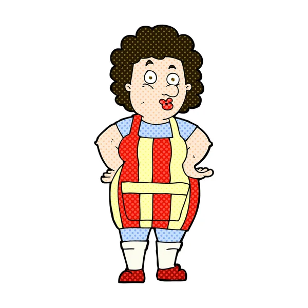 Comic cartoon woman in kitchen apron — Stock Vector