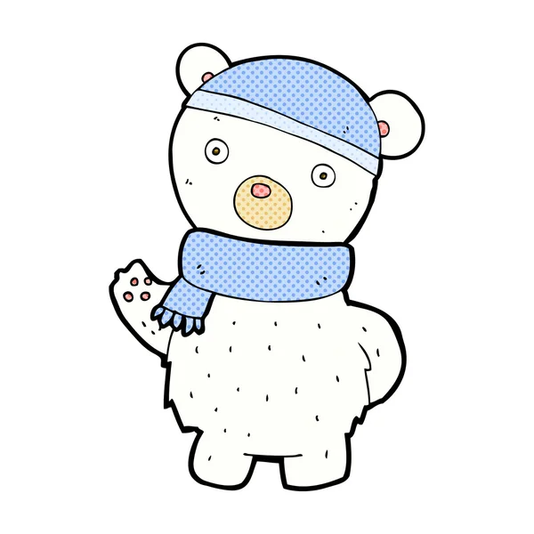 Comic cartoon polar bear in winter hat and scarf — Stock Vector