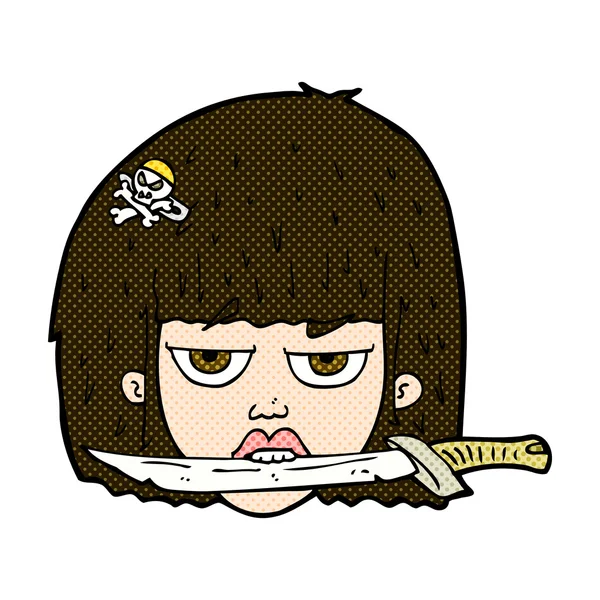 Banda desenhada mulher segurando faca entre os dentes — Vetor de Stock