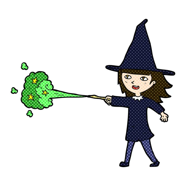 Comic cartoon witch girl casting spell — Stock Vector