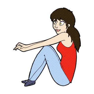 komik karikatür mutlu kadın oturuyordu