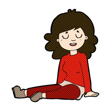 komik karikatür mutlu kadın katta oturan