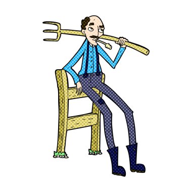 komik karikatür yaşlı çiftçi çit yaslanmış