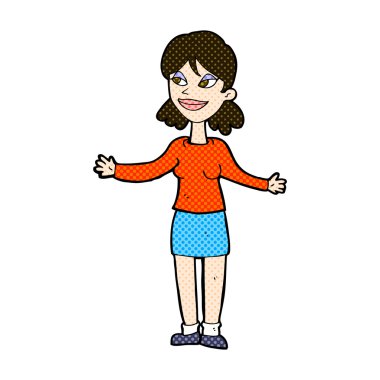 komik karikatür mutlu kadın omuzlarında shrugging