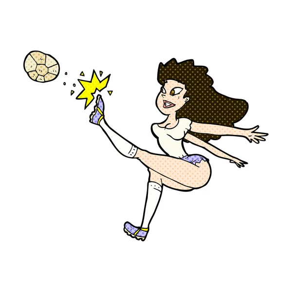 Comic-Cartoon Fußballerinnen kicken Ball — Stockvektor