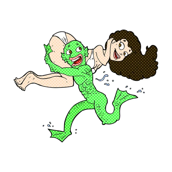 Comic cartoon swamp monster carrying girl in bikini — Stock Vector