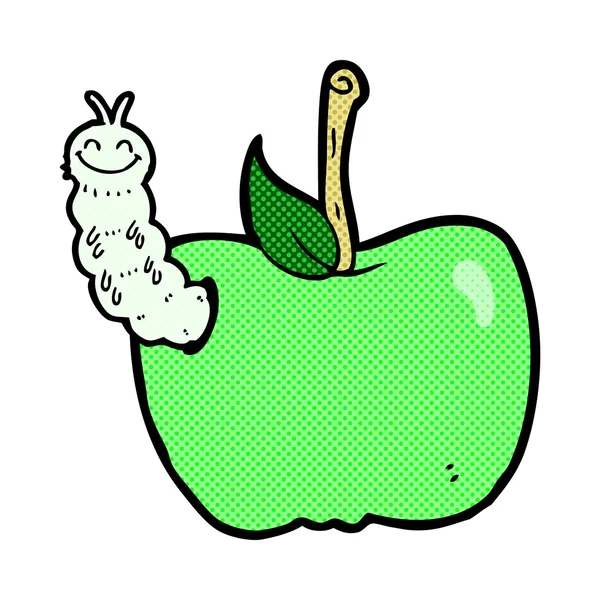 Historieta manzana de dibujos animados con insecto — Vector de stock