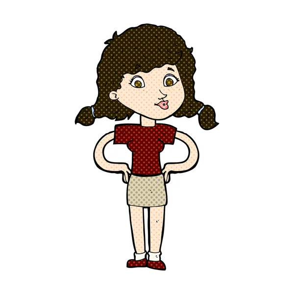 Comic cartoon pretty girl with hands on hips — стоковый вектор