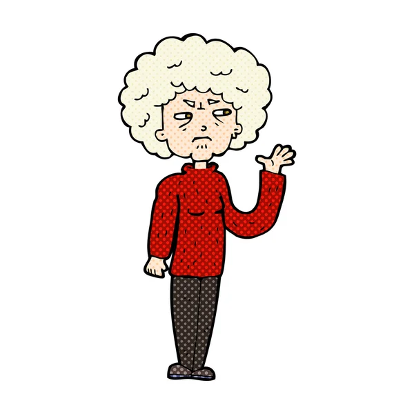 Comic cartoon annoyed old woman waving — Stock Vector