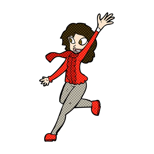Comic cartoon woman waving dressed for winter — Stock Vector