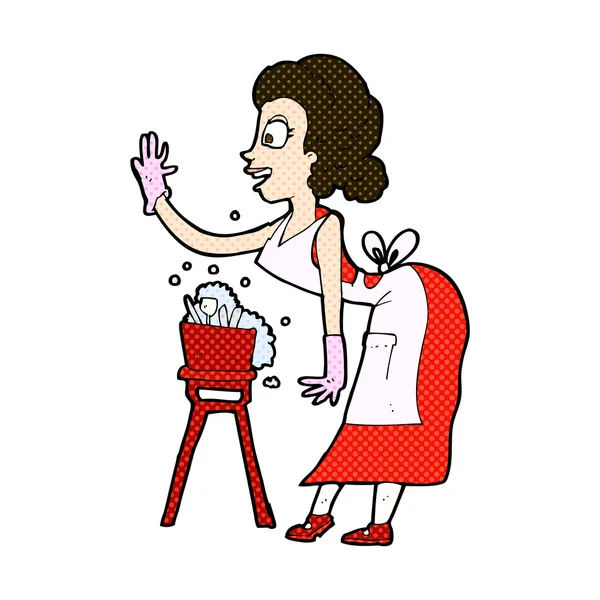 Comic cartoon housewife washing up — Stock Vector