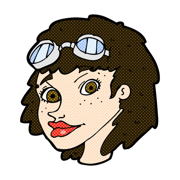 Desenho animado feliz mulher usando óculos aviador — Vetor de Stock