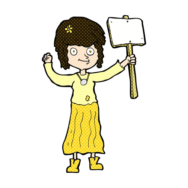 Komiksově kreslenou hippie dívka s protestním znakem — Stockový vektor