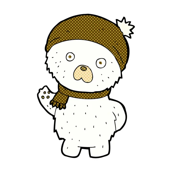 Historieta de dibujos animados lindo oso polar en sombrero de invierno y bufanda — Vector de stock