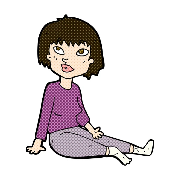 Γελοιογραφία κωμικό γυναίκα που κάθεται στο πάτωμα — Διανυσματικό Αρχείο